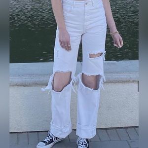 ZARA High Rise Ripped Straight Leg White Jeans